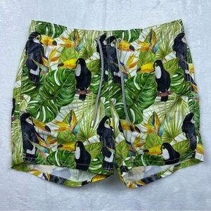 Men's Tropical Toucan Print Swim Shorts - Green